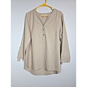 Emily Daniels Women's Linen Blend Popover Shirt Tunic Roll up Sleeve LARGE Beige